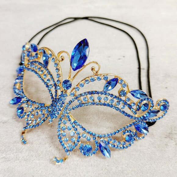 Gold masquerade mask, Blue crystal mask, Cosplay mask, Venetian mask, ball mask - Picture 2 of 8